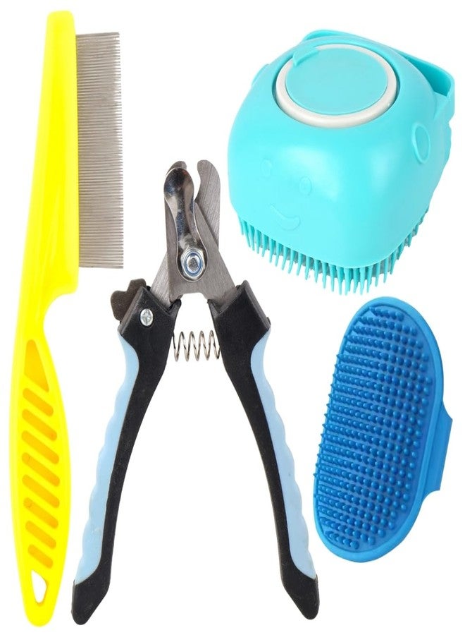 مقص أظافر احترافي للحيوانات الأليفة للكلاب مع مشط تشذيب وواقي أمان، أزرق وأصفر (عبوة من 4 قطع) - Image 1